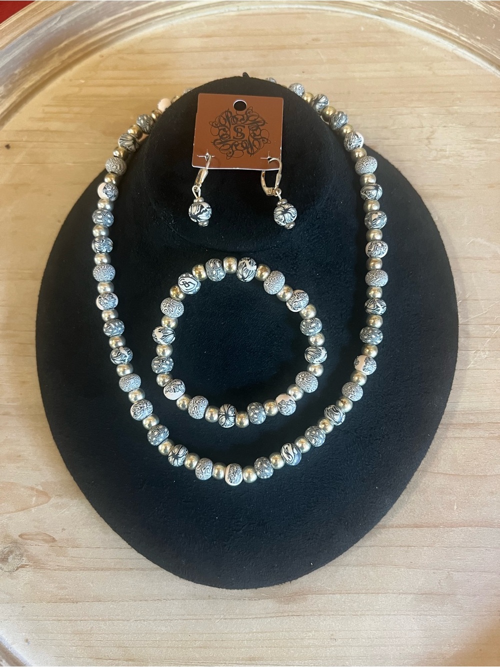 Hand Rolled Clay and Gold Beaded Necklace Set with Matching Bracelet & Earrings